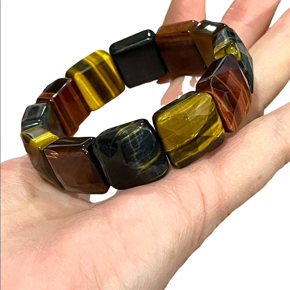 - Kalifano Multi color Heavy Faceted Tiger eye gemstone bangle stretchy br… - Picture 4 of 12